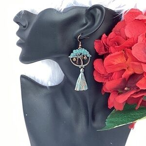 BOGO New Turquoise Blue & Copper Southwestern Boho Tree Of Life Tassel Earrings